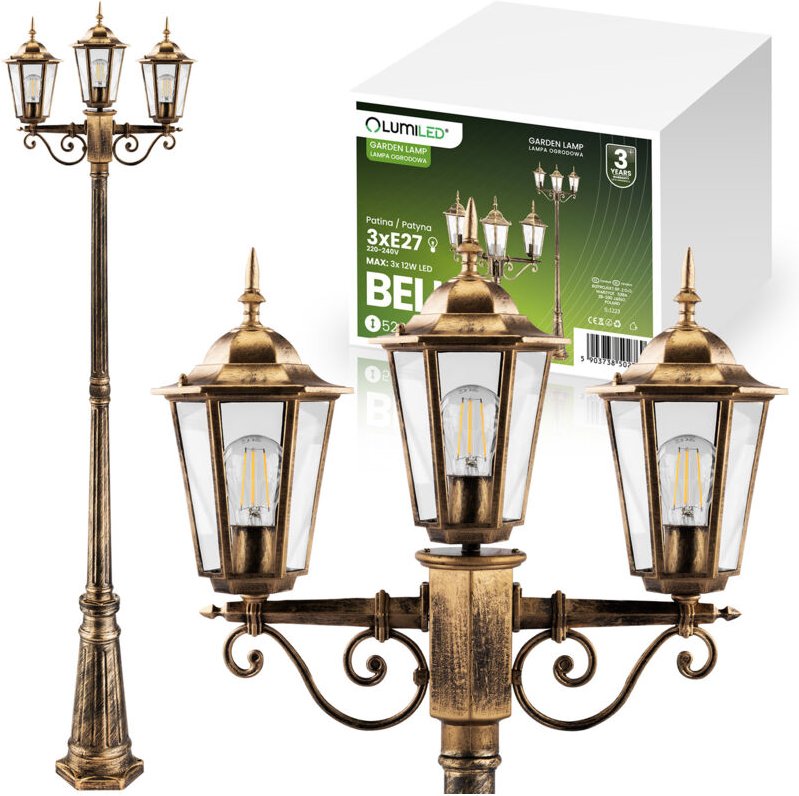 Gartenlaterne mit 3 E27-Fassungen, 2 m hoch, patiniert, BELLIS LUMILED