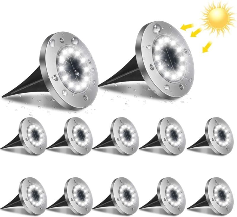 Thumbnail - 12 LED-Solarleuchten für den Außenbereich, 12 Gartenleuchten, 6000 k, wasserdicht, IP65, Solar-Einbauleuchten für Wege, ...
