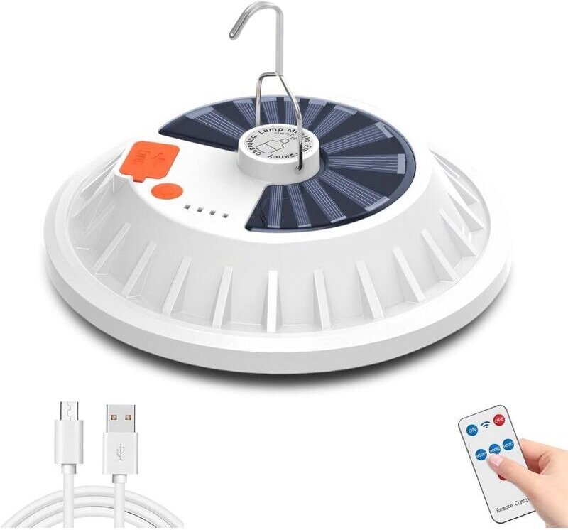 Solar-Campinglampe, USB-wiederaufladbare LED-Außenlampe mit Fernbedienung, 5 Modi mit Haken, tragbare wasserdichte Campi...