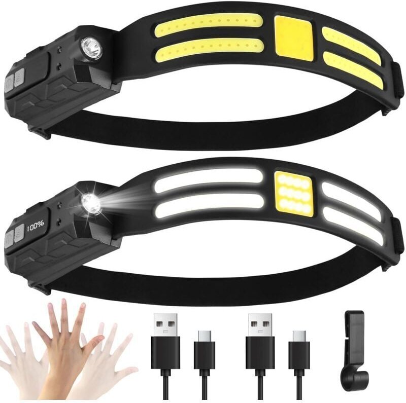 Set mit 2 wiederaufladbaren LED-Stirnlampen – Intelligenter Sensor mit 6 Leuchtmodi – Digitale Akkuanzeige – 0,09 kg – L...