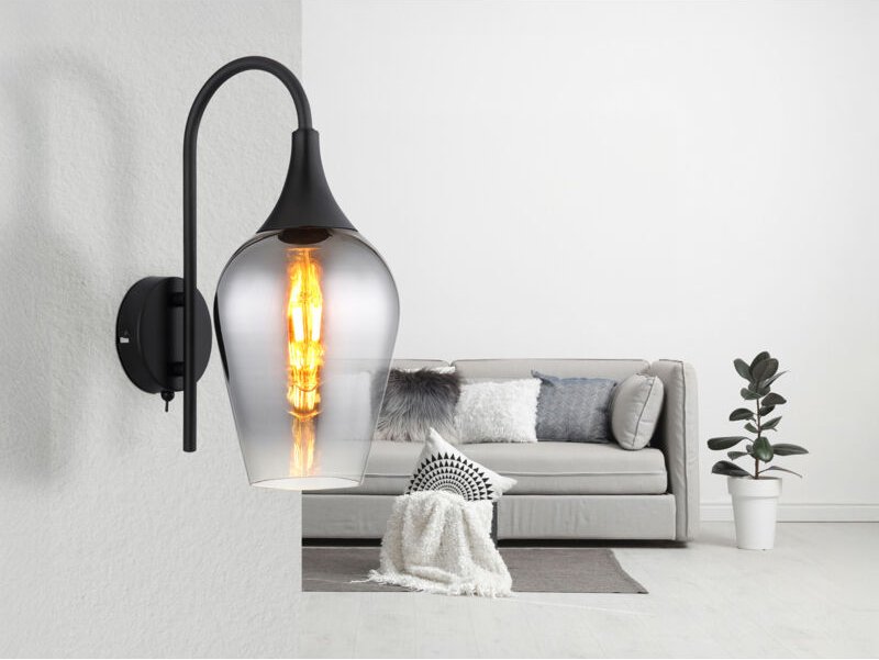 Meinewunschleuchte - Ausgefallene led Wandleuchte mit Schalter & Rauchglas Lampenschirm, Höhe 36cm