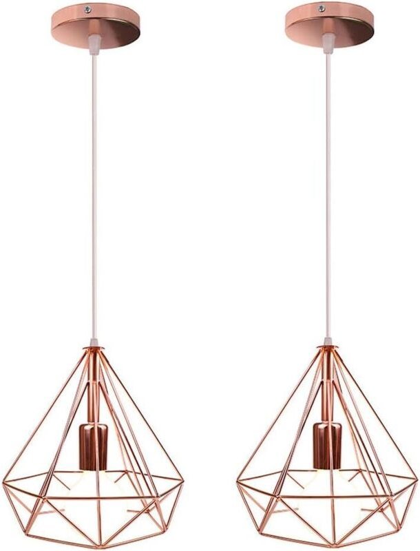 2 Stück Industrielle Pendelleuchte Metall Käfig Hängelampe Höhenverstellbar für Wohnzimmer Esszimmer-Roségold