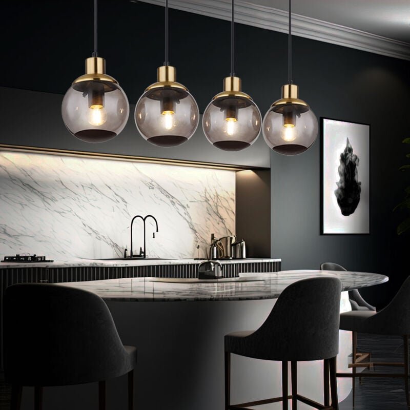 Hängelampe Glas modern Pendelleuchte Rauchglas Hängeleuchte schwarz, 4 flammig Metall Glaskugeln messing Retro, 4x E27 F...