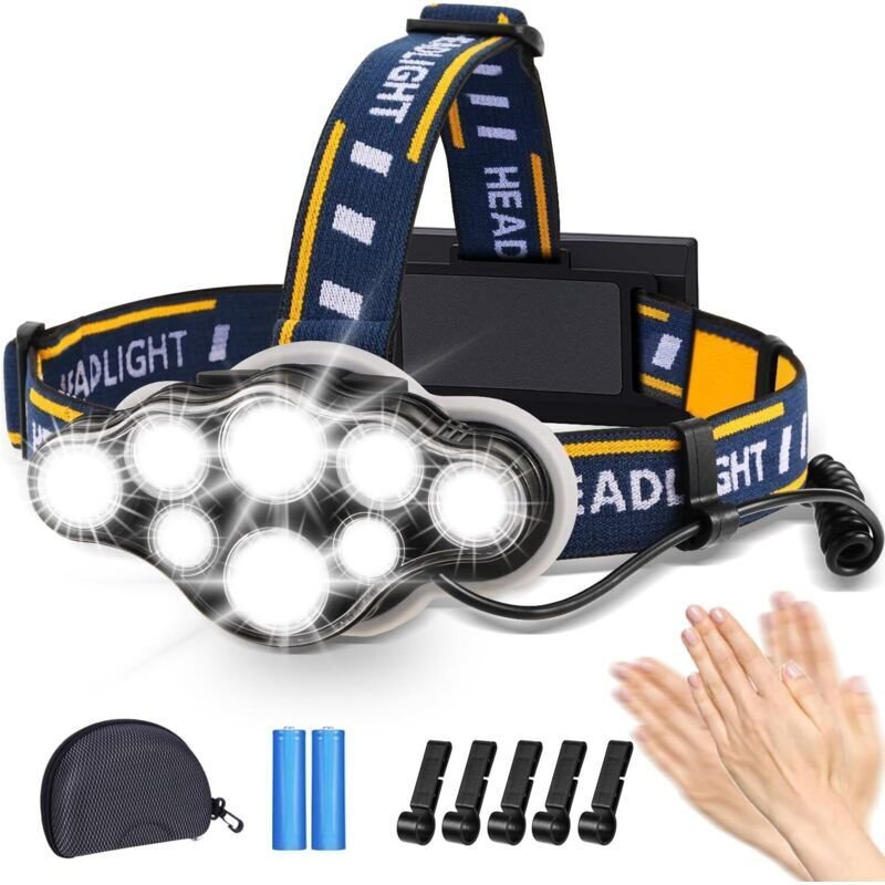 Wiederaufladbare LED-Stirnlampe, extrem leistungsstark mit 8 LEDs und 18.000 Lumen, wasserdicht und leicht, ideal für Ca...