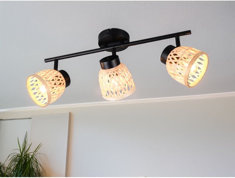 Meinewunschleuchte - led Deckenstrahler 3-flammig mit Korb Lampenschirmen aus Bambus, Breite 60cm
