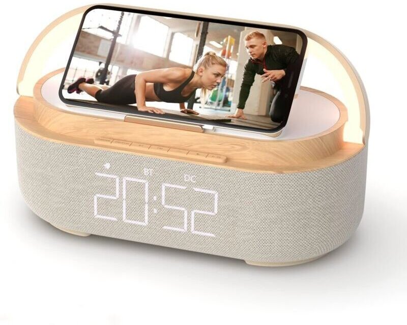 Bluetooth-Wecker mit kabellosem Ladegerät, FM-Radio, einstellbarem LED-Nachtlicht, 6-in-1-Lautsprecher fürs Schlafzimmer...