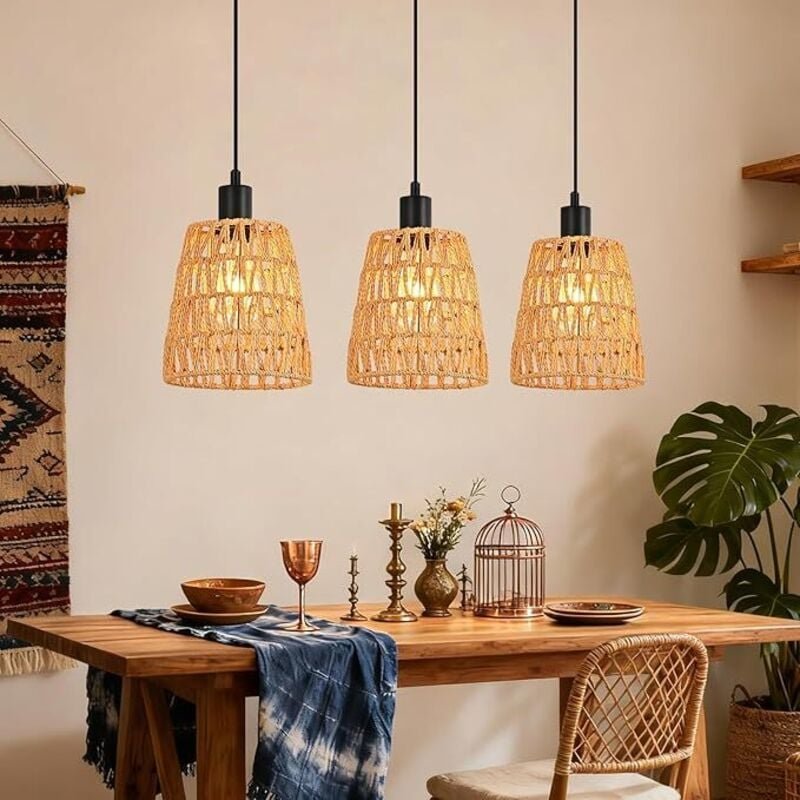 GBLY Hängelampe Boho Rattan 3 Flammig Vintage Geflochten Hanfseil E27 Ohne Leuchtmittel Für Esszimmer Schlafzimmer