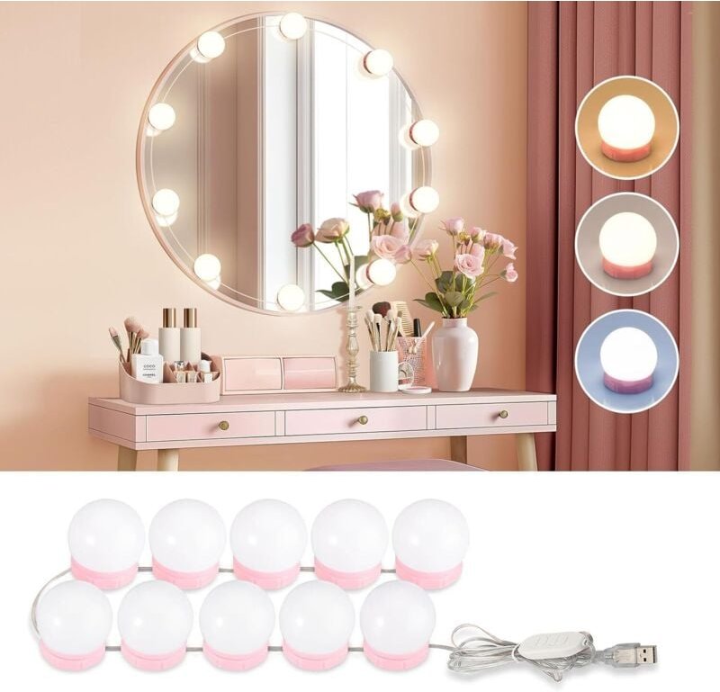 Dimmbares Spiegellicht, 10 LED-Glühbirnen im Hollywood-Stil, 3-farbige Make-up-Lichter und einstellbare Helligkeit, dimm...