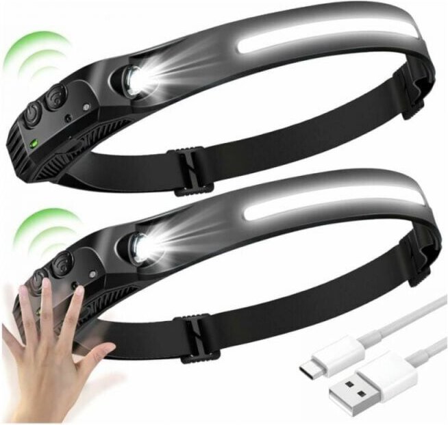 2PCS LED-Stirnlampe, LED-Sensor-Stirnlampe, usb wiederaufladbare wasserdichte LED-Stirnlampe