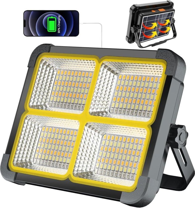 100 W wiederaufladbarer LED-Flutlichtstrahler, wiederaufladbarer Baustellen-Flutlichtstrahler, 336 LEDs/Solarpanel/4 Bel...