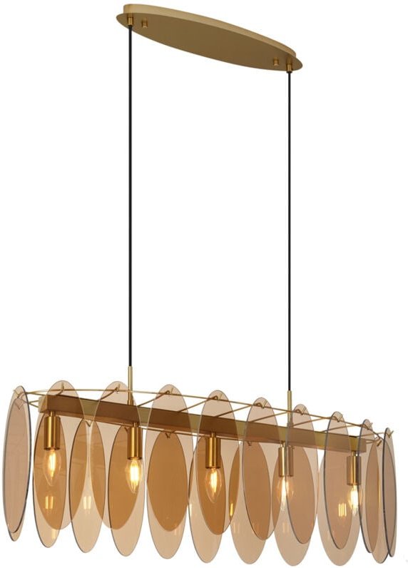 Art-Deco-Hängelampe Gold mit bernsteinfarbenem Glas Oval 5-flammig - Mochan