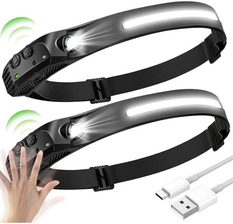 2er-Pack LED-Stirnlampen, COB+XPE-LED-Stirnlampe mit 5 Modi, LED-Stirnlampe mit Sensor, wasserdichte, USB-aufladbare LED...