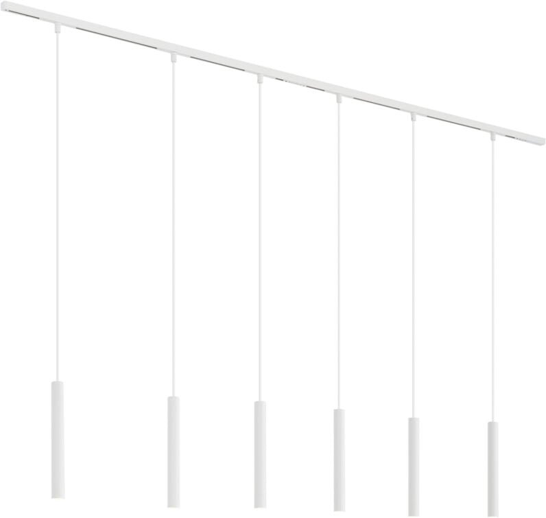 Modernes Schienensystem mit 6 weißen Pendelleuchten 1-phasig - Slimline Keno