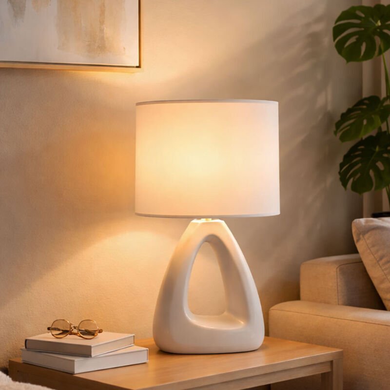 Globo Lighting - Tischleuchte Keramik weiß Nachttischleuchte Textilschirm Schlafzimmerlampe weiß, E14 Fassung, LxBxH 17x...