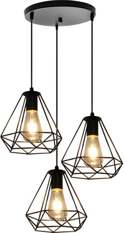 Pendelleuchte Vintage 3 Flammig Hängelampe mit Käfig E27 Art Ø20cm Diamant Lampen für für Wohnzimmer Esszimmer (Schwarz)