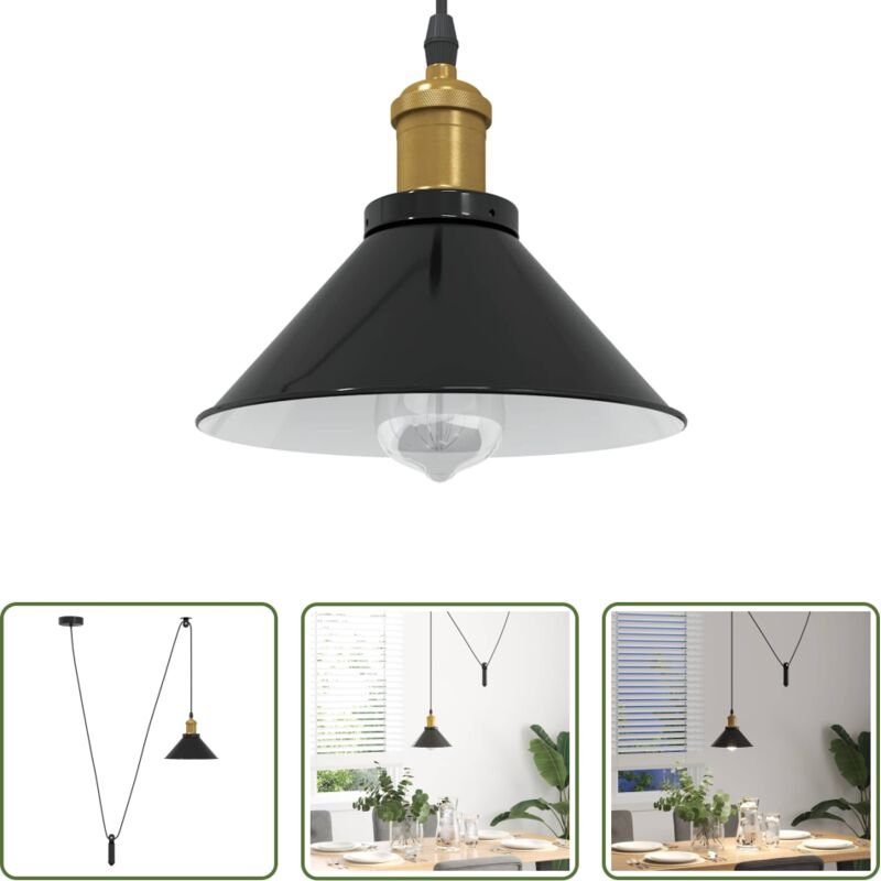 Vintage-Design - Pendelleuchte Höhenverstellbar E27 Schwarz Glänzend Ø 22 cm