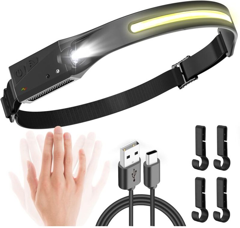 Wiederaufladbare Stirnlampe, extrem leistungsstarke USB-C-LED-Stirnlampe mit 5 Leuchtmodi, Bewegungsmelder, IPX4 wasserd...