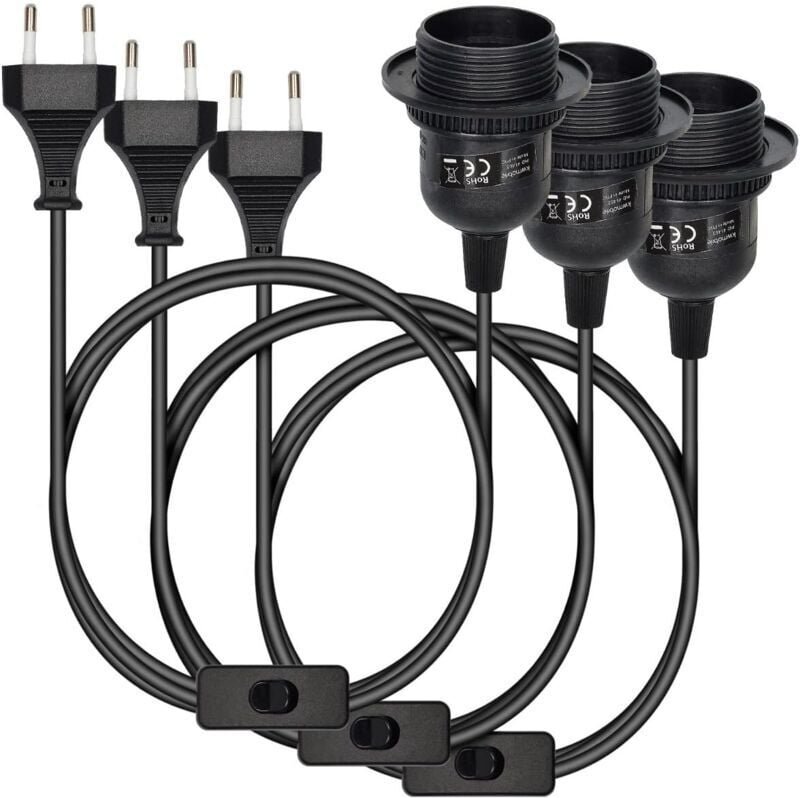 3x Pendelleuchte – Fassung mit Schaltkreis, schwarzes Gehäuse mit 3,5 m Kabel, Schraubgewindering – E27-Hängeleuchte