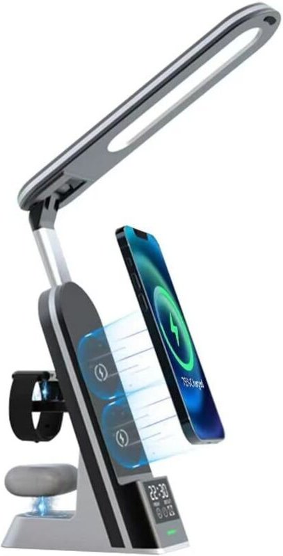 LED-Schreibtischlampe, Schreibtischlampe mit Augenschutz, Schreibtischlampe mit kabelloser Ladefunktion und USB-Ladeansc...