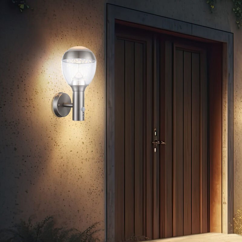 Außenwandleuchte mit Bewegungsmelder Gartenleuchte Außenleuchte Hauswandleuchte, Kugel klar Edelstahl, 11,5W 750lm 3000K...