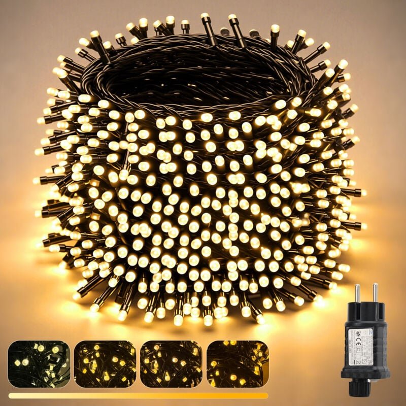 LED Lichterkette Außen Weihnachtsbeleuchtung Weihnachtsdeko Warmweiß 20m 300er LED, 9 Modi, Warmweiß bis Gelb(2800K-1800...