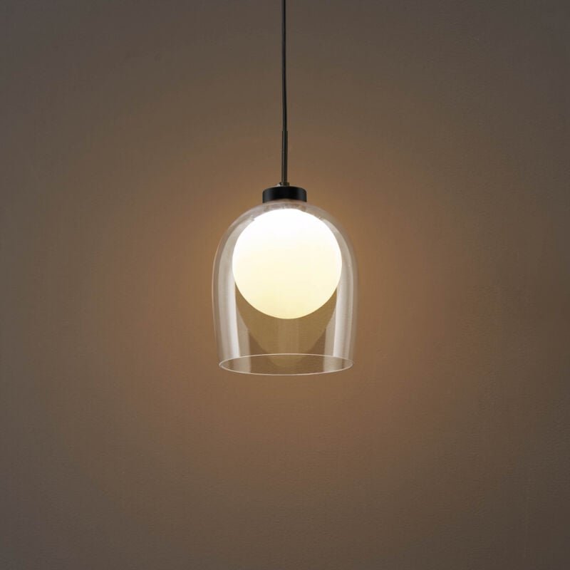 Design-Hängeleuchte mit weißer Kugel und transparentem Glas - Calypso