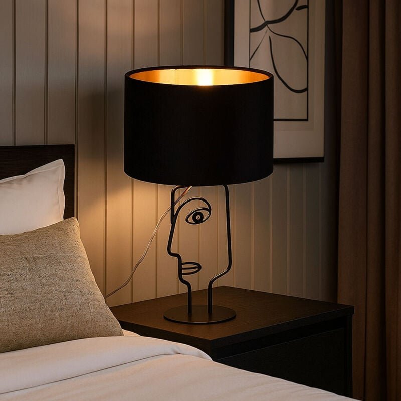 Tischlampe Tischleuchte Nachttischlampe Leseleuchte Beistelllampe, Metall schwarz Stoffschirm Gesicht-Design, 1x E27, h ...