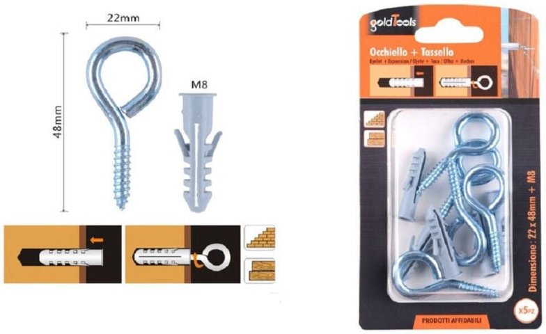 Trade Shop Traesio - Trade Shop - set mit 5 geschlossenen ringschrauben 22X48MM + flügeldübel M8 dübel 90725 -