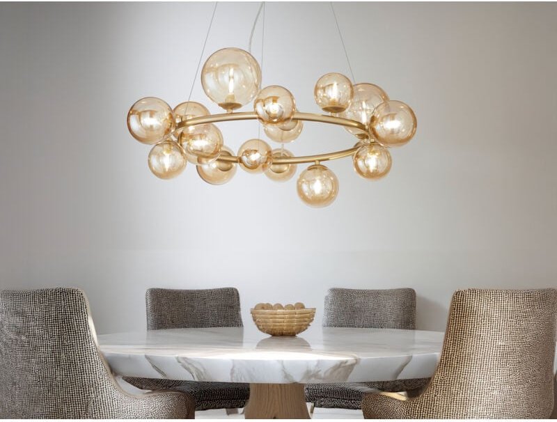 Große LED Pendelleuchte 16-flammig Gold-Glaskugeln Bernsteinfarbig, Ø 82cm