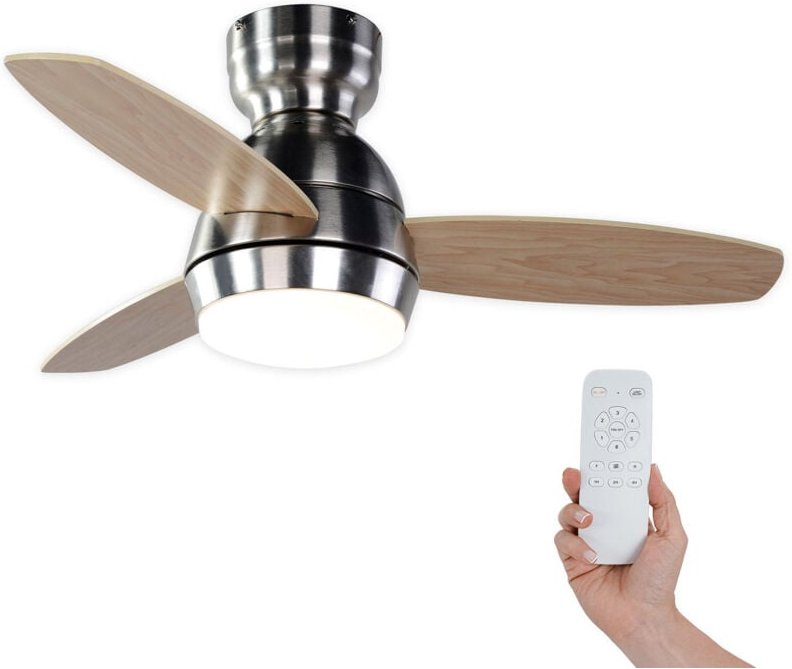 Kekai - Mistral Deckenventilator dc 92x34 cm 55W Silber mit Holzflügeln, dimmbarem Licht, Timer und Fernbedienung