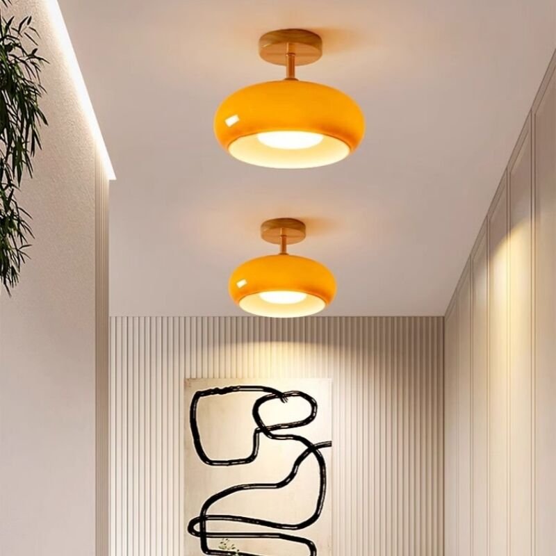 Modern Deckenleuchte Glas Holz Deckenlampe Runde Pendelleuchte Orangefarbene Hängeleuchte Ø28CM - 2Pcs