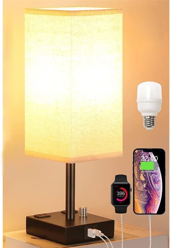 Thumbnail - Touch-Nachttischlampe mit 2 USB-Ladeanschlüssen, 3-fach dimmbar, schwarzer Stoffschirm, Eisenkunstsockel, Tischlampe für...