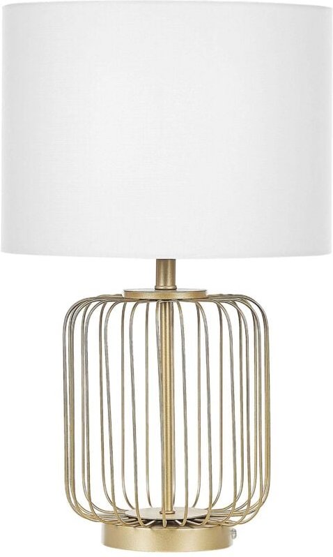 Tischlampe Gold Metall 58 cm Stoffschirm Weiß Lampenfuss aus zahlreichen goldverzierten Längsstäben Kabel mit Schalter M...