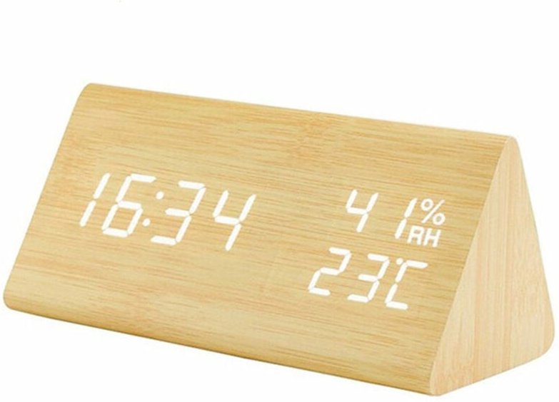 YJ-5038 Dreieck Holz Wecker Sprachsteuerung Temperatur Luftfeuchtigkeit Digitalanzeige Elektrischer Wecker