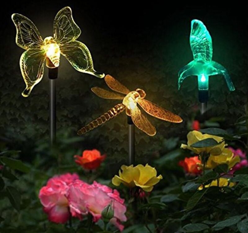 Set mit 3 Solar-Gartenleuchten in Form eines Schmetterlings, Kolibris und einer Libelle solarbetriebene LED mehrfarbig