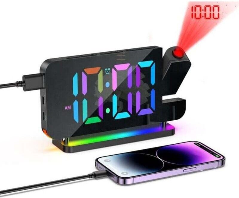LED-Spiegel-Projektionswecker, RGB-Licht, 11 Farben, 6 Helligkeitsstufen, Schlummerfunktion, einstellbare Lautstärke