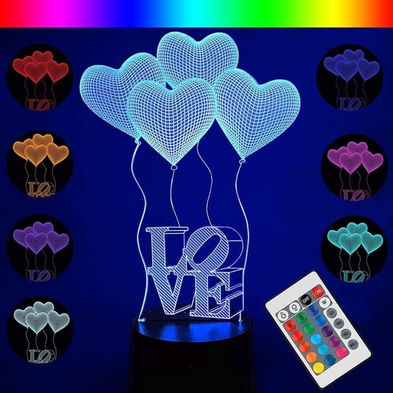 3D-Herz-Illusions-Nachtlicht LOVE, romantische LED-Herzlampe mit 16 Farben, Fernbedienung und Touch-Schalter, Geburtstag...