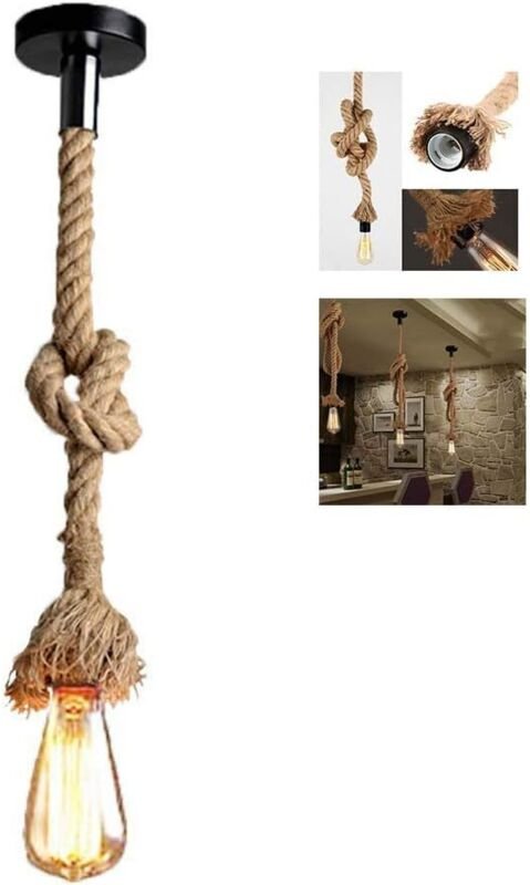 E27 Vintage Hanfseil Pendelleuchte Hängende Industrie Kronleuchter Rustikal Hängelampe für Restaurant Bauernhaus Bar Caf...