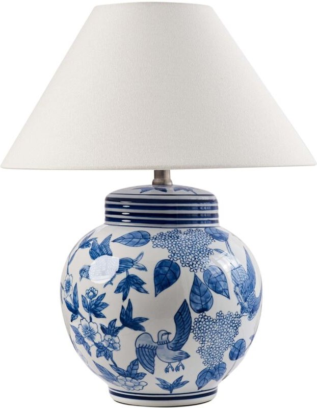 Beliani - Tischlampe Weiß und Blau Porzellansockel Leinenglockenschirm mit Blumenmuster Beleuchtung Stilvoll