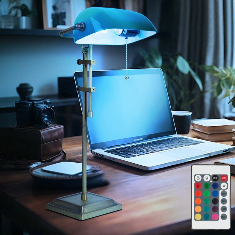 Schreib Nacht Tisch Leuchte dimmbar Banker Lampe bronze antik Fernbedienung im Set inkl. rgb led Leuchtmittel