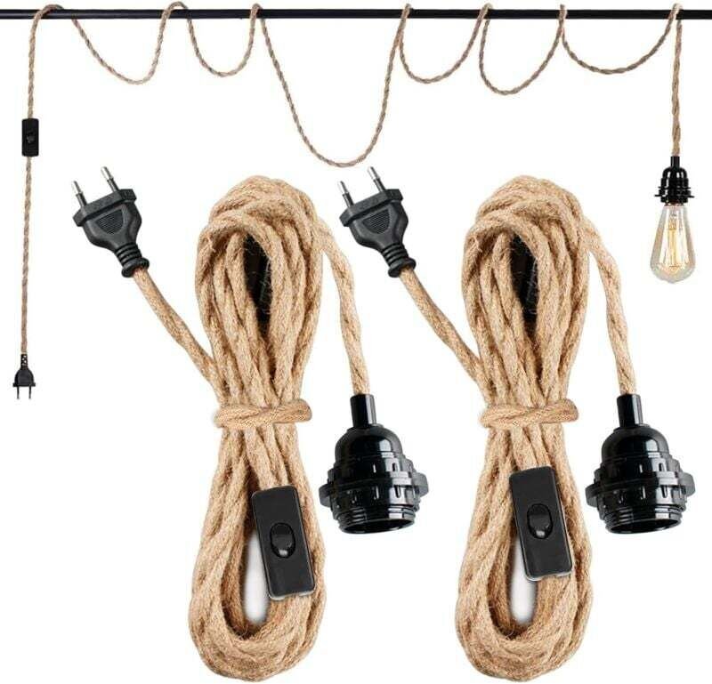Pendelleuchten-Set mit Steckerschalter. Vintage-Stofflampe mit E27-Fassungen aus gedrehtem Hanfseil. Lampenkabel.