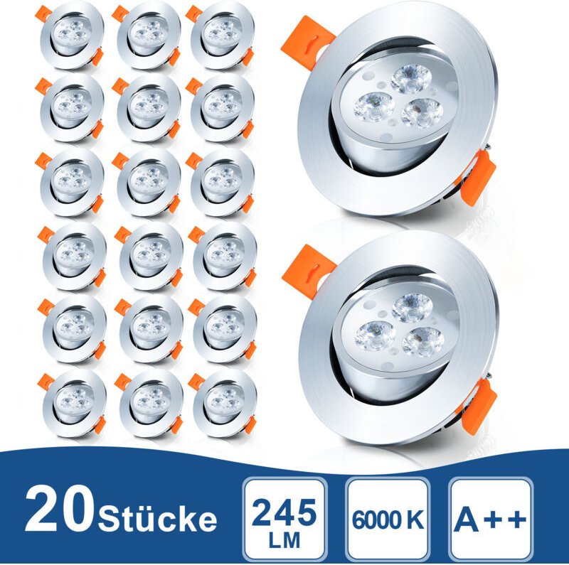 Randaco LED Einbauleuchte 3W Deckenstrahler schwenkbar 81mm für Küche Bad Wohnbereich Kaltweiß 6500K 20 Stück