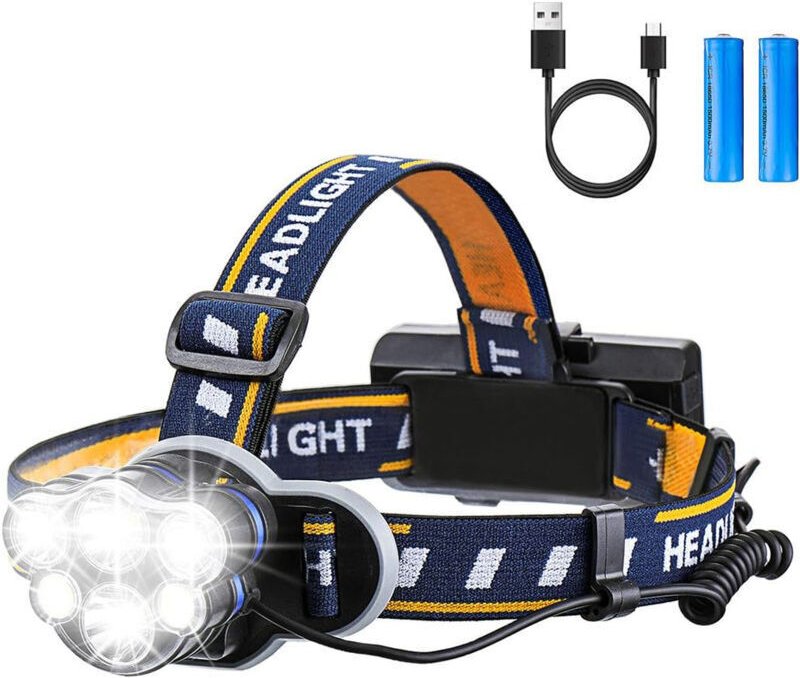 Superhelle Stirnlampe, wiederaufladbare LED-Taschenlampe, LED-Stirnlampe mit 6 LEDs, 12000 lm, 8 Beleuchtungsmodi, mit U...