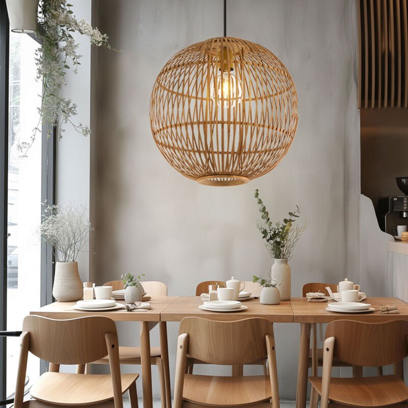 Hängelampe Deckenleuchte Esszimmer Pendelleuchte aus Bambusgeflecht in Kugelform, Bambus Naturfarben, 1x E27, DxH 40x155...