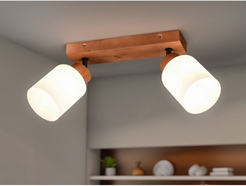 Reality Leuchten - Deckenstrahler assam 2 flammig Korpus Holz & Glasschirme Weiß, Breite 30cm