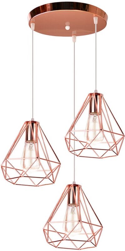Pendelleuchte, Metall Hängelampe im Stil Industrial, Kronleuchter mit Ø20cm Diamant Käfig E27 Edison Birne Rosegold - 3 ...
