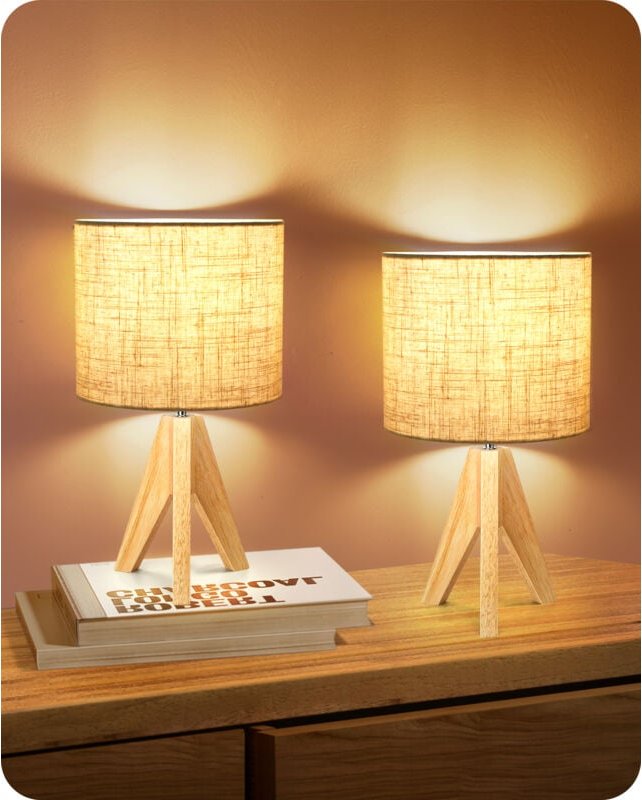 EDISHINE 2er Set LED Tischlampe Holz mit Leinen-Lampenschirm, Nachttischlampe mit E27 Fassung, inkl. 4W Leuchtmittel, H3...