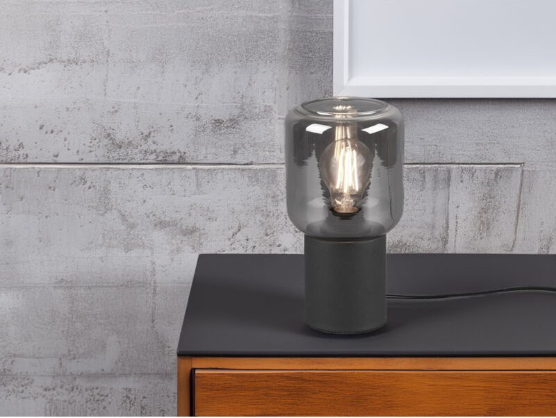 Defibrico - Mini Tischleuchte nico Schwarz Glasschirm Rauchfarbig, Höhe 24cm