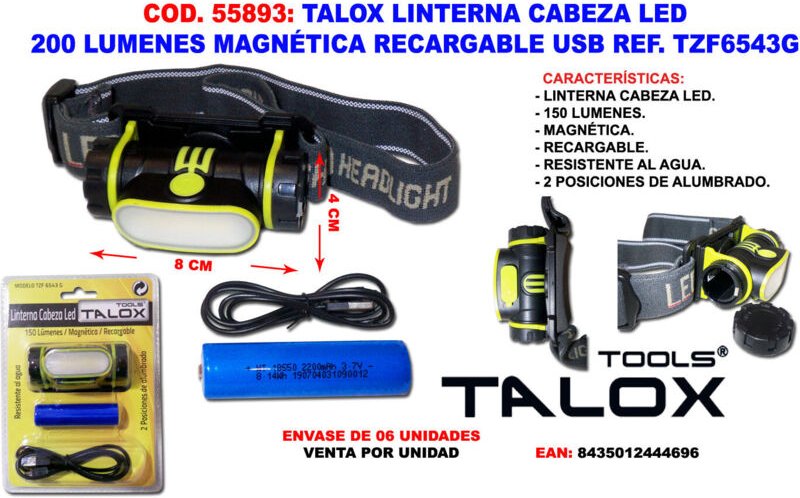 Talox LED-Stirnlampe, 200 Lumen, usb wiederaufladbar, magnetisch