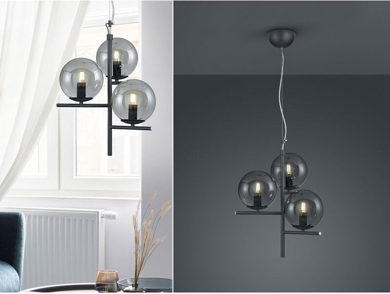 Trio - Pendelleuchte pure Schwarz mit Glaskugeln aus Rauchglas 3-flammig, ø 40cm
